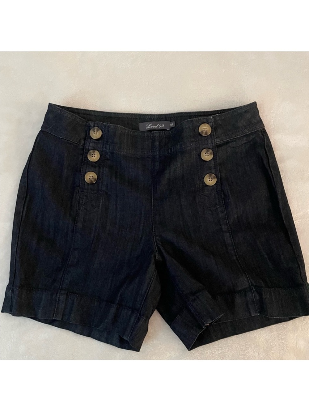Level 99 Navy High-Waist Sailor Button Denim Shorts